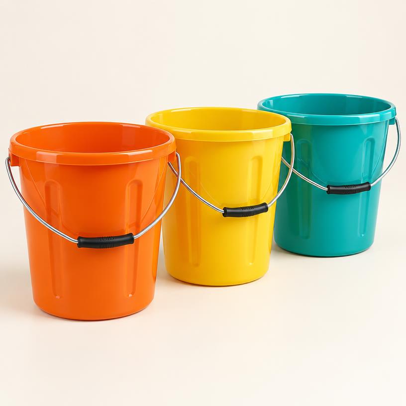 Sturdy plastic buckets in a row
